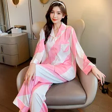 Fashion pink stripesWomen's home clothes pajama set woman 2 pieces Celebrity same style Women's pajamas