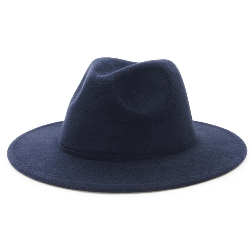Navy blue GEMVIE, универсальная фетровая шляпа с широкими полями для женщин, одноцветная шерстяная фетровая шляпа для мужчин, осенняя зимняя Панама, желтая джазовая Кепка - Цвет: Navy blue