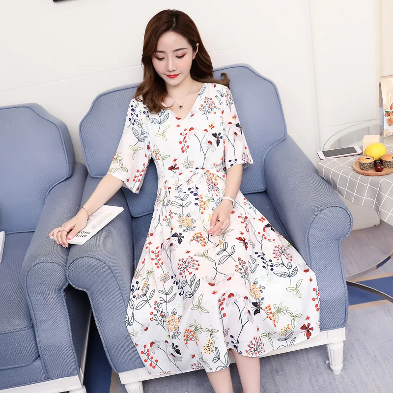 

2018 New Style Summer Tops Maternity Clothes Hipster Butterfly Printed Short Sleeve Long Big Hemline Dress