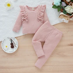 T Shirt à volants et pantalon Long pour nouveau né fille de 0 à 24 mois, tenue en coton tricoté à manches longues, ensemble de vêtements d'automne et d'hiver 