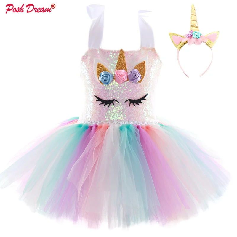POSH DREAM Little Child Pony Dress Unicorn Birthday Tutu for Girls Sequin Top Pastel Clothing Kids Christmas | Детская одежда и