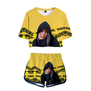 

3D Print American singer Billie Eilish Short Exposed Navel T shirt+Short Pants Fashion Women's 3D Billie Eilish two-piece sets