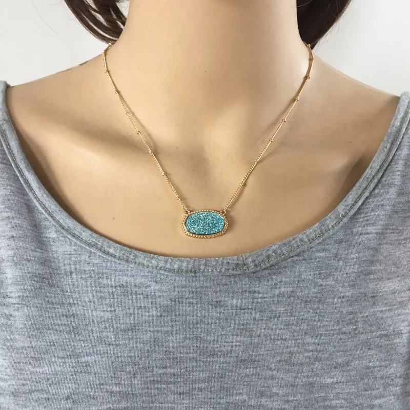 Овальный Стиль золотого цвета Агат Drusy Подвески с шестигранной головкой смолы