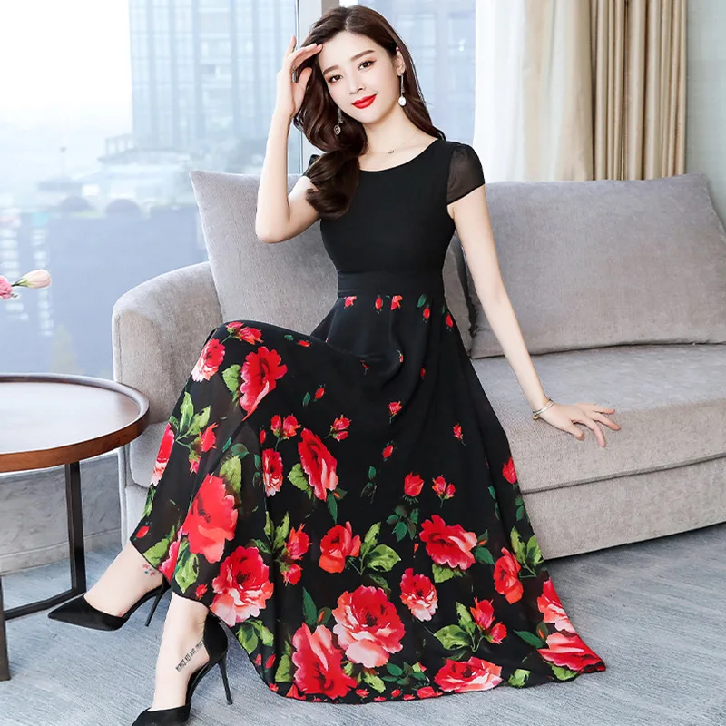 

2019 Summer New Style Large Size Dress Korean-style Fashion Joint Slim Fit Explicit Thin Long Skirt Chiffon Printed One-piece Dr