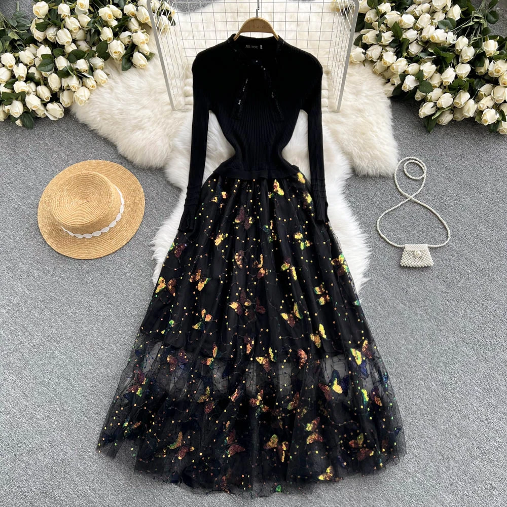 Autumn Winter Black Knitted Sequins Long Dress Women Elegant O-Neck Sleeve Butterfly Mesh Patchwork Maxi Vestido Female New | Женская