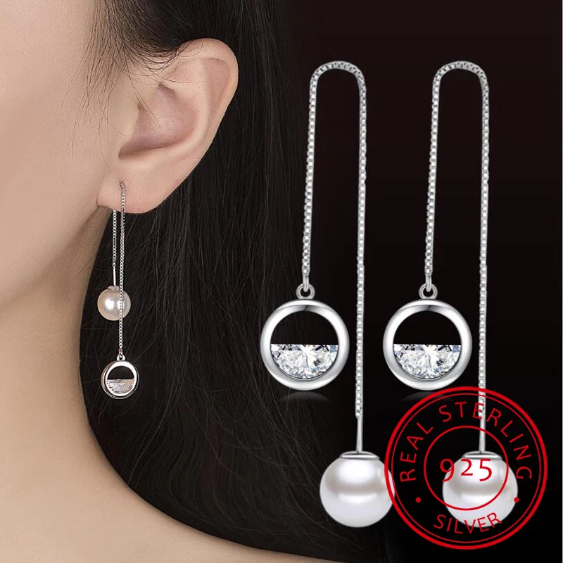 

Newest Pendants 925 Sterling Silver Dazzling CZ Zirconia Pearl Long Tassel Ear Line Drop Earrings For Women Earrings