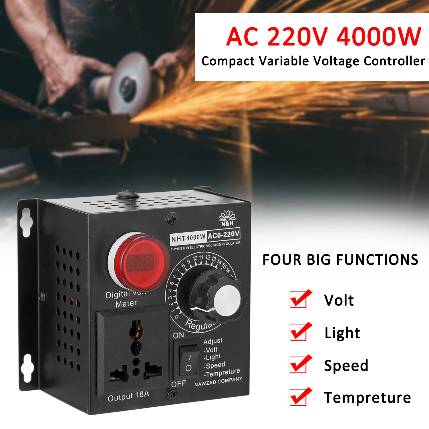 

Hot New Portable Speed Temperature Light Voltage Adjuatable Dimmer AC 220V 4000W Compact Variable Voltage Controller
