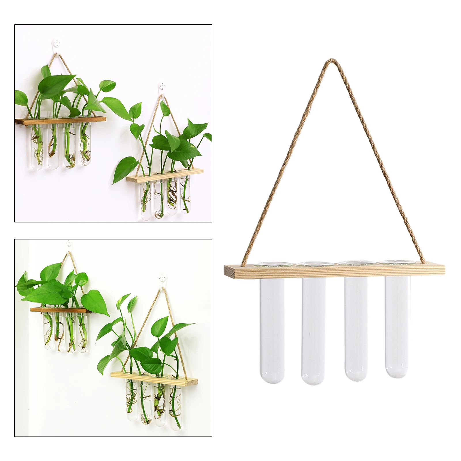 Glass Hanging Planter Terrarium Plants Wood Hanger Test Tube Vase Natural