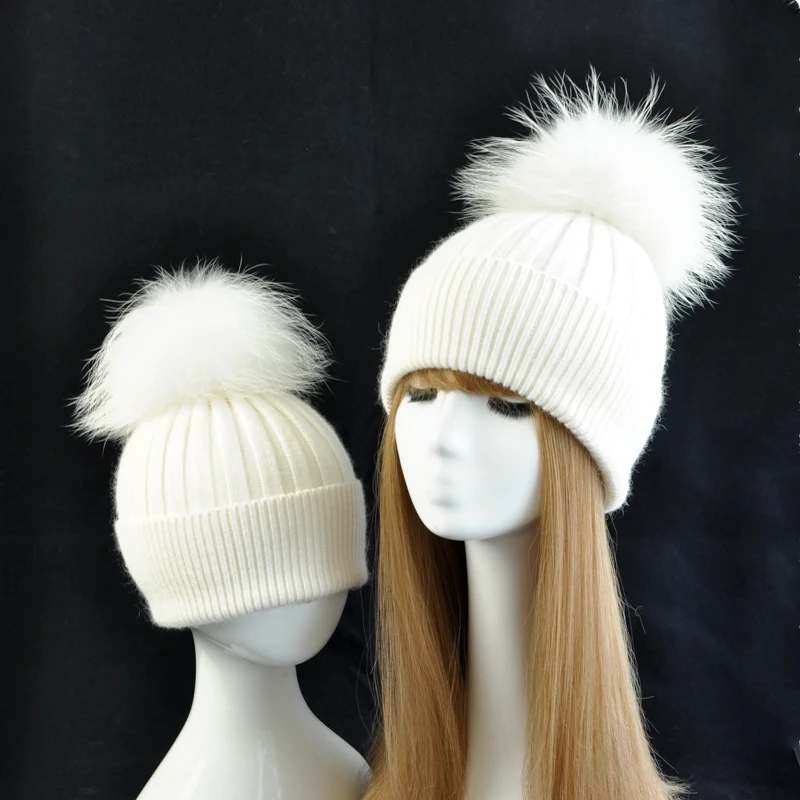 

Jxwatche Lovely Parent-child Hats Baby Girls Boys Real Fur Pom Pom Beanie Hats Mother and Baby Set Women Winter Knitted Skullies