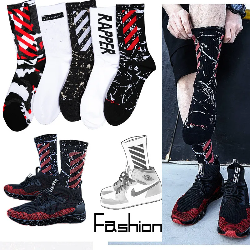 2 Pairs Trendy Socks Men Street Hip-Hop Style Middle Tube Socks Breathable Skateboard Sports Long Tube Basketball Socks