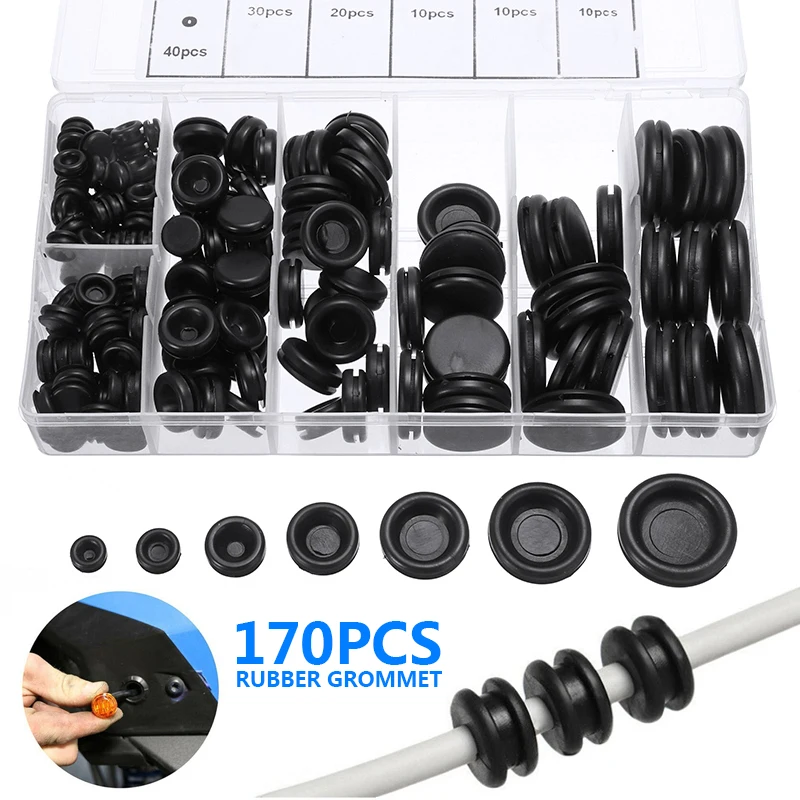 

170pcs 7-25mm Black Closed Seal Ring Grommets Car Auto Electrical Wiring Cable Gasket Kit Rubber Plug With Plastic Box