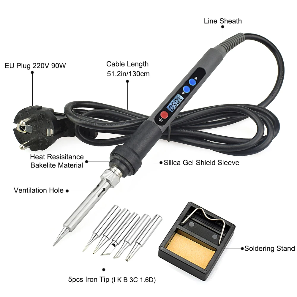 NEWACALOX EU/US 90W Lead-Free Soldering Iron Kit Digital Temperature Adjustable Welding Rework Station Tweezers with Tool Box