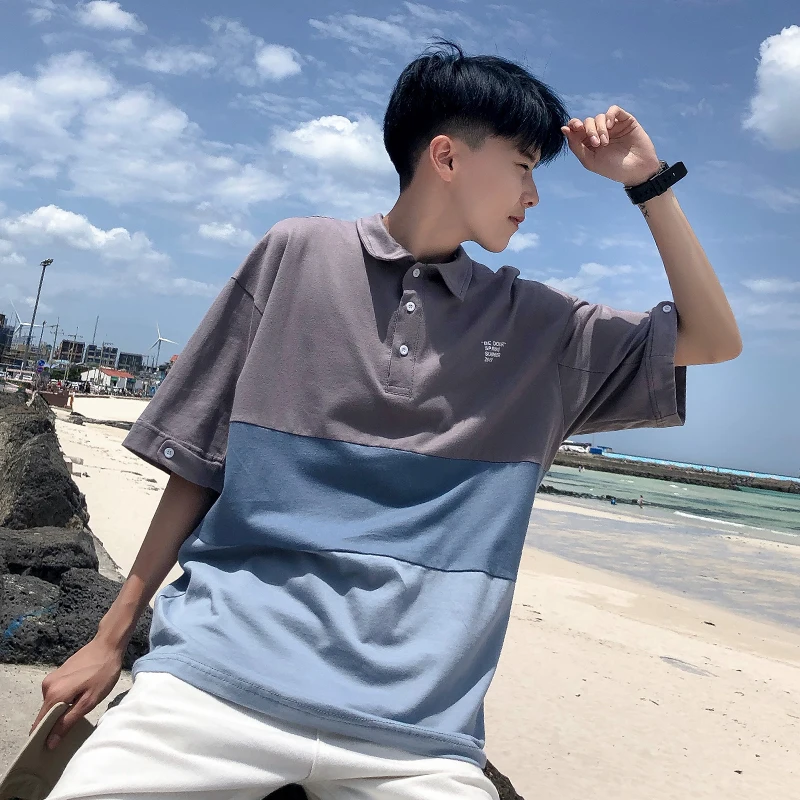 2019 Summer Men's New Casual Contrast Color Stitching Short-sleeved Lapel T Shirt Loose Temperament Trend Cotton Harajuku 2019 Summer Men's New Casual Contrast Color Stitching Short-sleeved Lapel T Shirt Loose Temperament Trend Cotton Harajuku