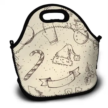 

Portable Insulated Thermal Bento Lunch Box Vintage Christmas Elements Picnic Storage Bag Pouch Lunch Bags