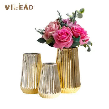 

VILEAD 3 Styles Golden Ceramic Vase Simple Scandinavian Modern Hydroponic Vase Embossed Flower Desktop Vase Home Decor