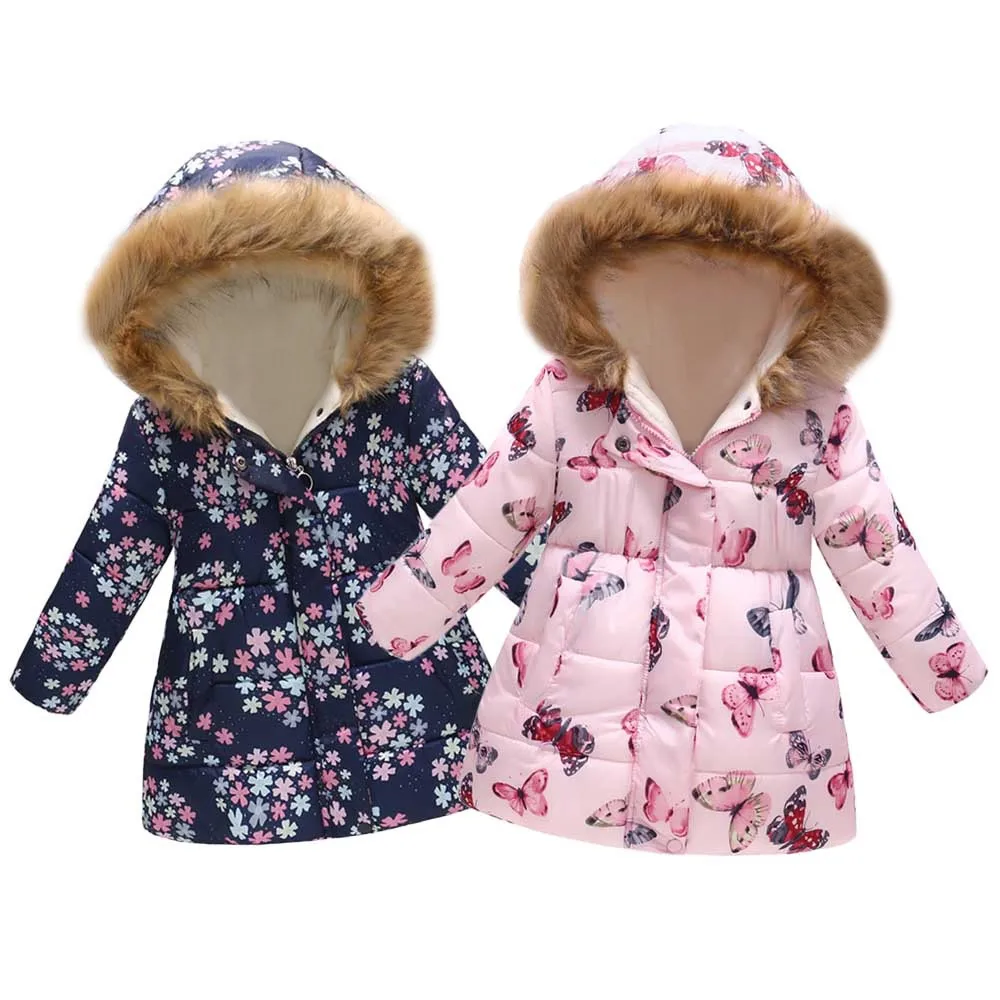 Зимнее пальто для маленьких девочек; коллекция года; теплая зимняя куртка с цветочным принтом и бабочками для маленьких девочек и мальчиков; ветрозащитное пальто с капюшоном; Верхняя одежда для девочек
