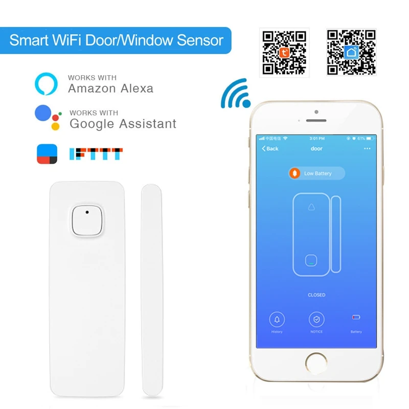 Заряжаемый умный дом безопасности беспроводной дверной сигнализации WiFi датчик окна с литий-батареей для Tuya Smart Life IFTT Amazon Alexa APP