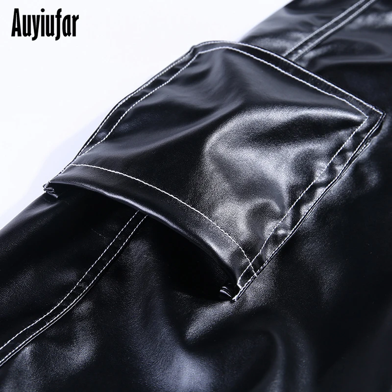Auyiufar модные однотонные кожаные брюки для женщин, повседневные брюки высокого пояса, новинка, уличная Женская одежда для бега с карманами