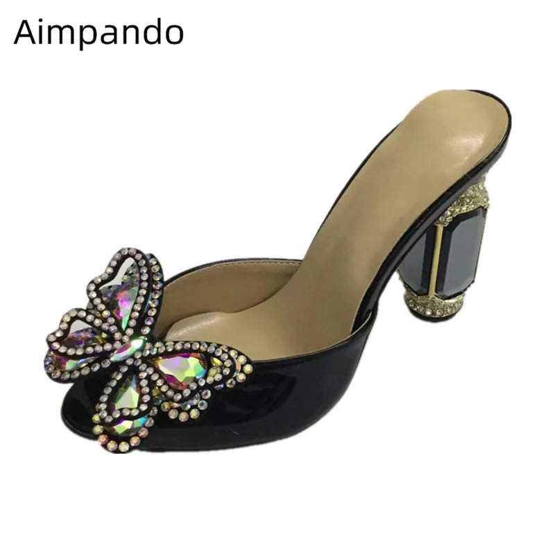 

Shiny Jewelled Butterfly Decor Slippers Women High Heels Sexy Peep Toe Crystal Square Glass High Heel Shoes Rhinestone Slippers