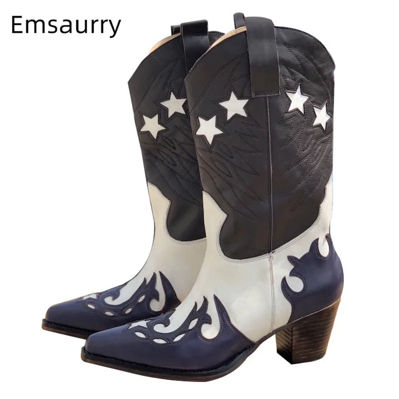 

Western Boots Woman Square Toe Retro Carve Stars High Square Heel Walking Botas Chic Patchwork Slip on Embroidery Mid Calf Boots