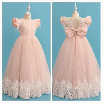 

Ball-Gown Princess Floor-length Flower Girl Dress Lace Short Sleeves Scoop Neck With Ruffles Feather Bow For party dresses