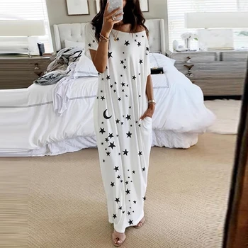 

Off Shoulder Star Print Women Night Dress O Neck Short Sleeve Loose Pocket Female Long Nightgown 2020 Summer Ladies Homewear
