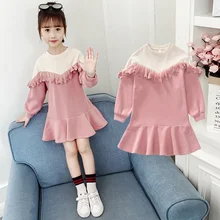 Свитер; платье для девочек; Детские повседневные платья с длинными рукавами и оборками; Осенняя детская однотонная хлопковая одежда; платье в стиле пэчворк для подростков