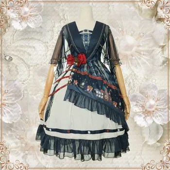 

Gothic style lolita dress vintage falbala bowknot printing kawaii dress irregular gothic lolita jsk mesh cape victorian dress