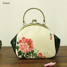 Alasir женские сумки на плечо с ручной печатью, женские сумки в китайском стиле, холщовые сумки с цветочным рисунком, простые женские сумки с пионами