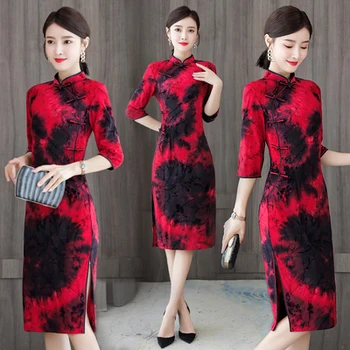 

2020 Spring Autumn Red Women's Dress Middle Aged Improved Cheongsam Style Dresses For Women Robe Femme Traditional Vestidos 4xl