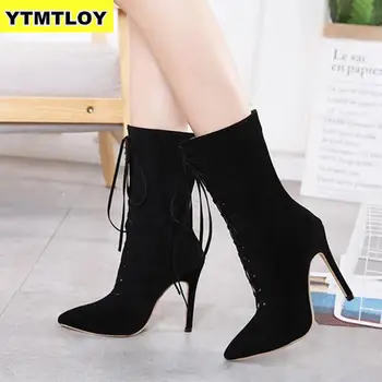 

Size 36-41 New Punk Women Ankle Boots Lace Up Pointed Toe High Heel Black Chelsea Pumps 11cm Shoes For Women Black High Heel 98