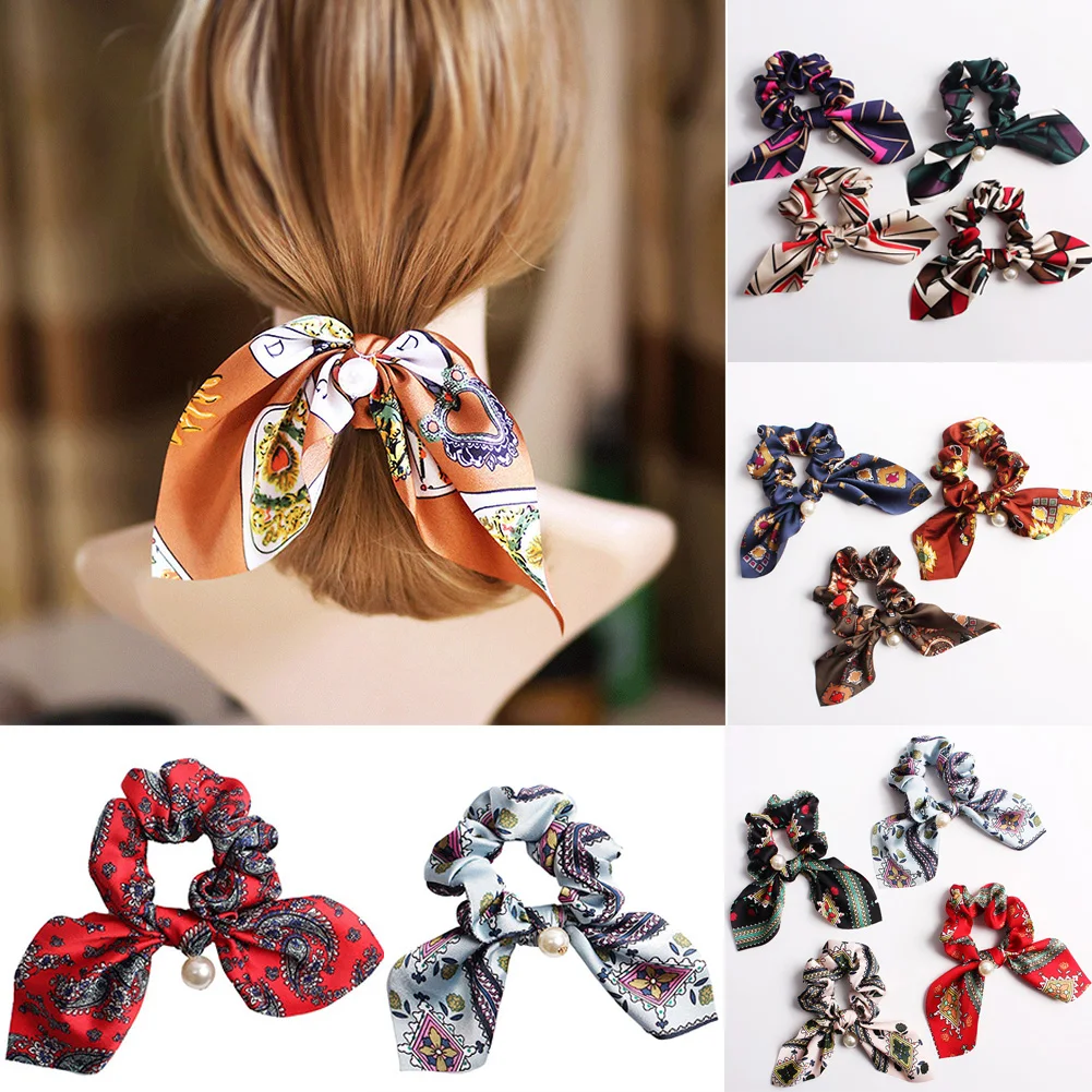 

Fashion Bowknot Streamer Pearl Rubber Hair Rope Women Hair Accessories Floral Ponytail Holder Bows Hairband Hair Scrunchie