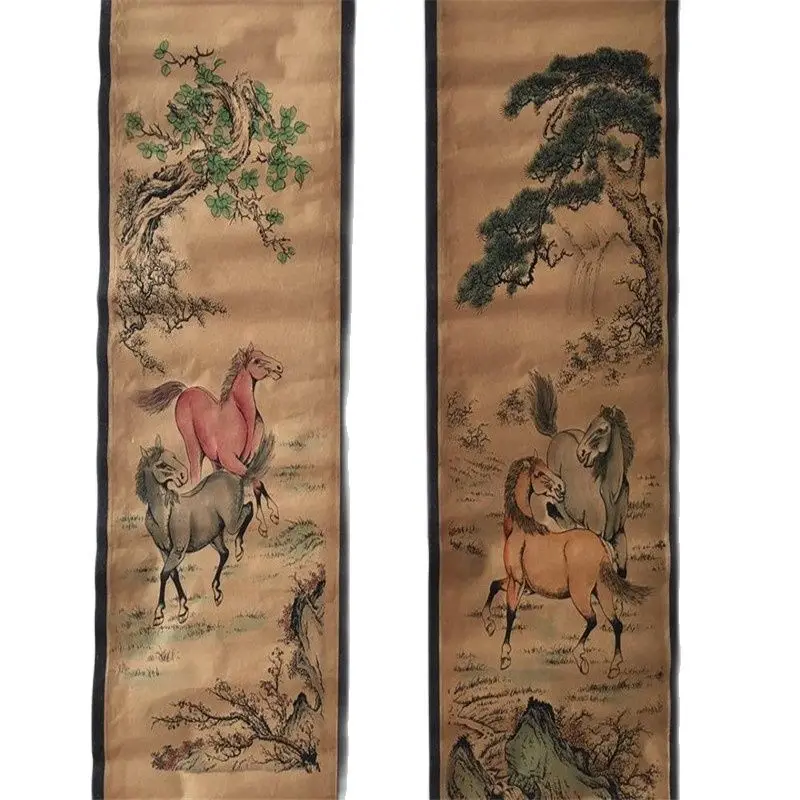 

China Celebrity Painting Old Scrolls Four Screen Decorate Eight Horses Painting