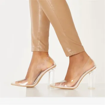 

2019 Women Pumps Clear PVC Transparent Sandals Thick Heel Shoes Woman Pointed Toe Slip-on Wedding Party Shoes for Lady Slip-On