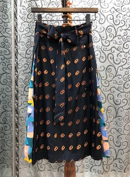 

2020 Spring and Summer New Women's Lace Tie Waist Decoration Circle Printing Long Skirt 408