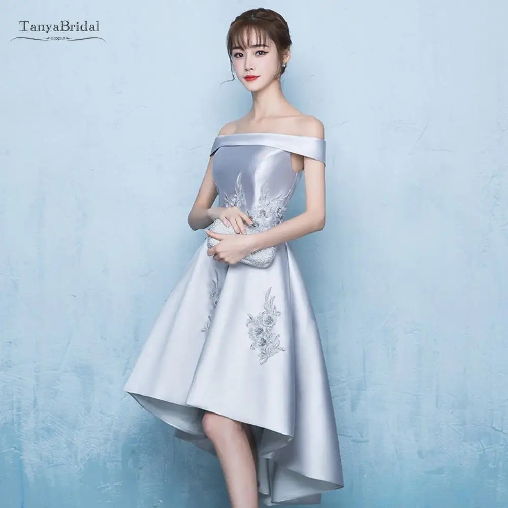 

High Low Bridesmaid Dresses A Line Slivery Formal Simple Off The Shoulder Wedding Guest Party Dress With Lace Appliques JQ636