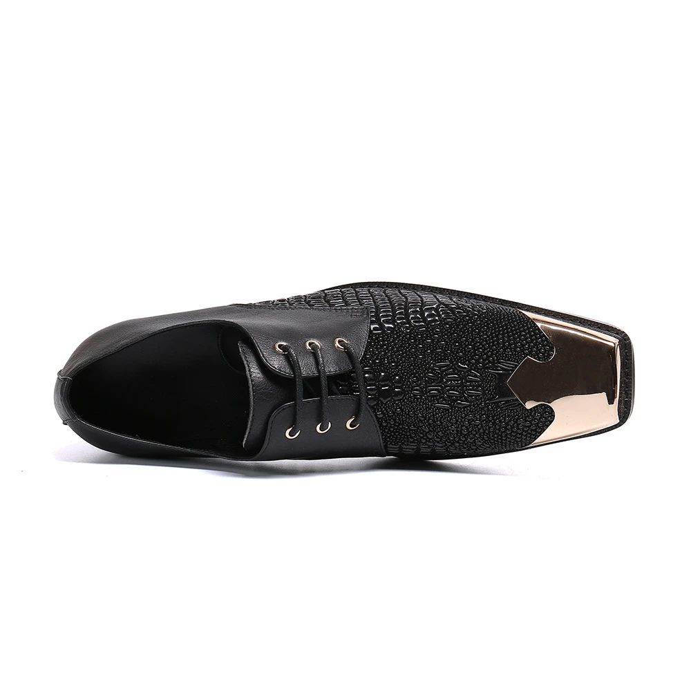 Autumn Black Striped Gold Pointed Toe Lace Up Career Office High Heels Mens Leather Shoes