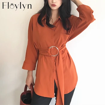 

FLOYLYN Women Long Blouses 2020 Autumn SpringCasual Buttons Ladies Elegant Lace-up Fitted Waist Retro Tops shirt