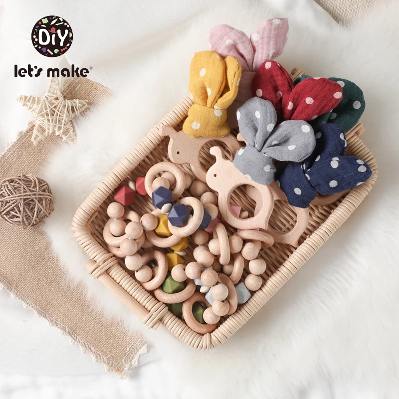 Let's Make Baby Teether Hexagon Silicone Beads 2pcs/set Gift Box Bracelet Bow Bee Bunny Ear Food Grade PVC Free Wooden Rodent