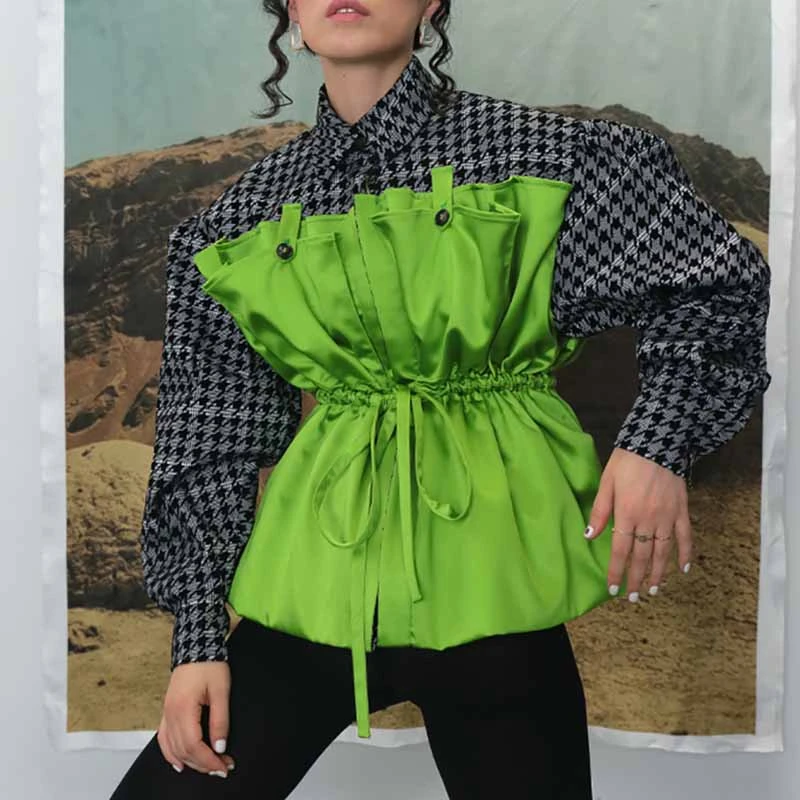 

YaLee New Fashion 2019 Summer Autumn Contrast Color Lapel Single Breasted Long Sleeve Pulling Rope Jacket Loose Coat Women N387