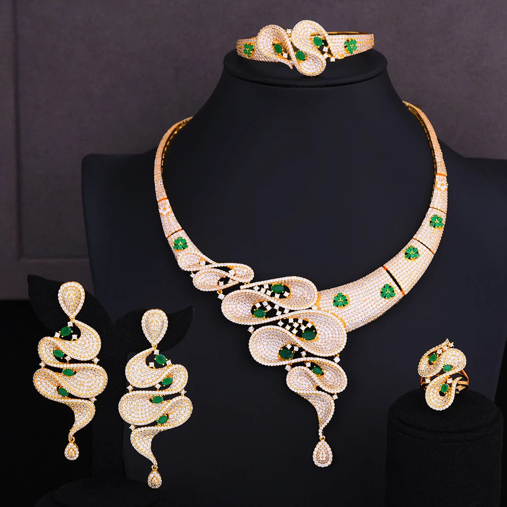 

Siscathy Charms Lotus Leaf 3 Tone Cubic Zirconia Women Necklace/Earrings/Ring/Bracelet Big Statement Bridal Wedding Jewelry Sets