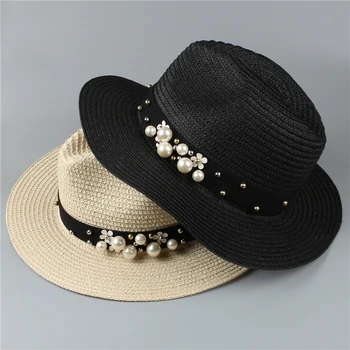 

Women Ladies Trip Caps Visor Beach Hat Spring Summer Hats For Women Flower Beads Wide Brimmed Jazz Panama Sun Hat