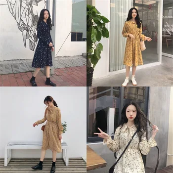 

Spring and Summer Korean-style Elegant Hipster Neckline Lace-up Mid-length Long Sleeve Floral Dress Slimming Chiffon Maxi Dress