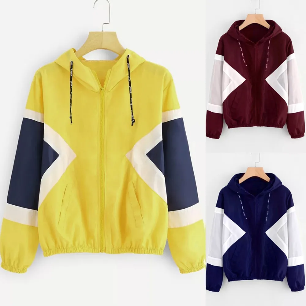 

Thin Zip Jackets 2019 Women Long Sleeve Hooded sweatshirt Yellow Pockets Sport style hoody female fashion autumn outwear A3