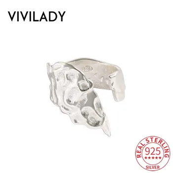 

VIVILADY Authentic 925 Sterling Silver Irregular Feather Convex Surface Open Women Charm Ring Chic Punk Party Jewelry Bijoux