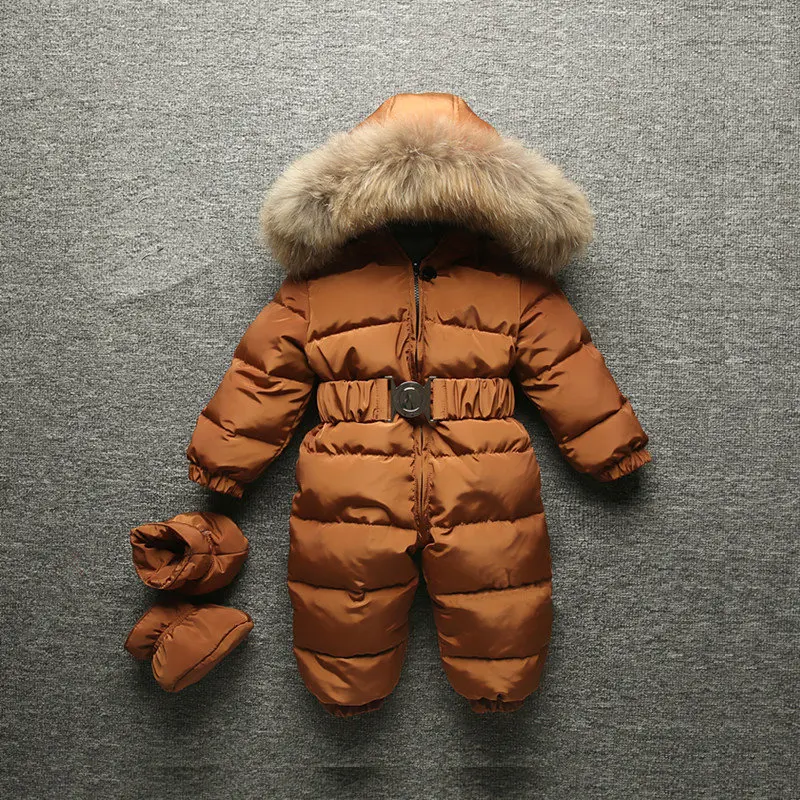 Brown Зимние теплые детские комбинезоны, Детский комбинезон на утином пуху, Комбинезоны для маленьких мальчиков и девочек, уличные комбинезоны с меховым капюшоном, одежда - Цвет: Brown