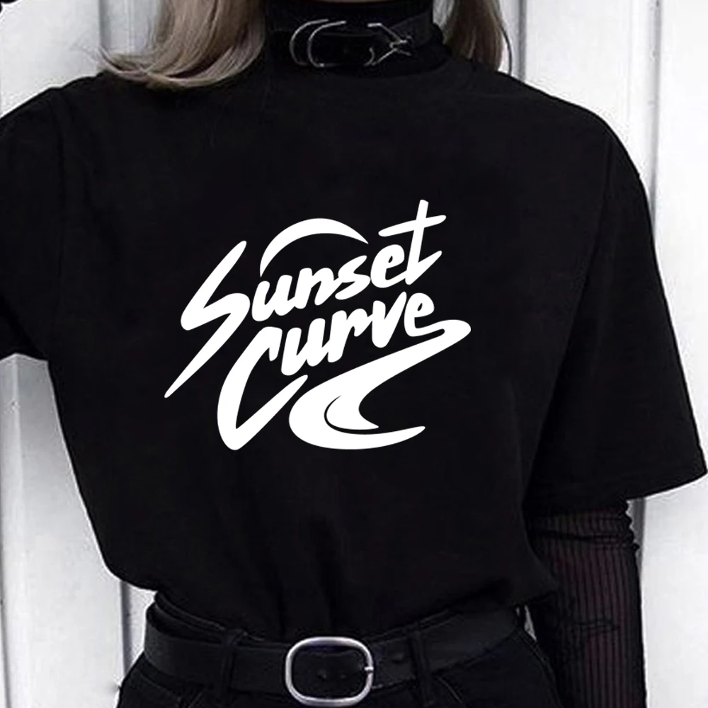 Precio reducido Camiseta holgada de manga corta estilo Harajuku para mujer, camiseta punk informal ulzzang vintage con estampado de curva de atardecer para mujer gótica Erb1emKyjbe