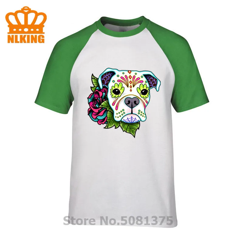 

New Men T Shirts Boxer in White-Day of the Dead Design Short Sleeve Casual Tops Hipster Sugar Skull Dog Printed T-Shirt Cool Tee