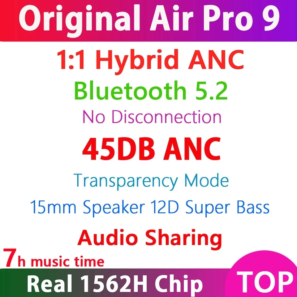 

Air Pro 9 TWS Wireless Bluetooth 5.2 Earphone 45DB Hybrid ANC Earbuds Super Bass Quality 1562H PK H1 1562A i900000 MAX Air3 pro