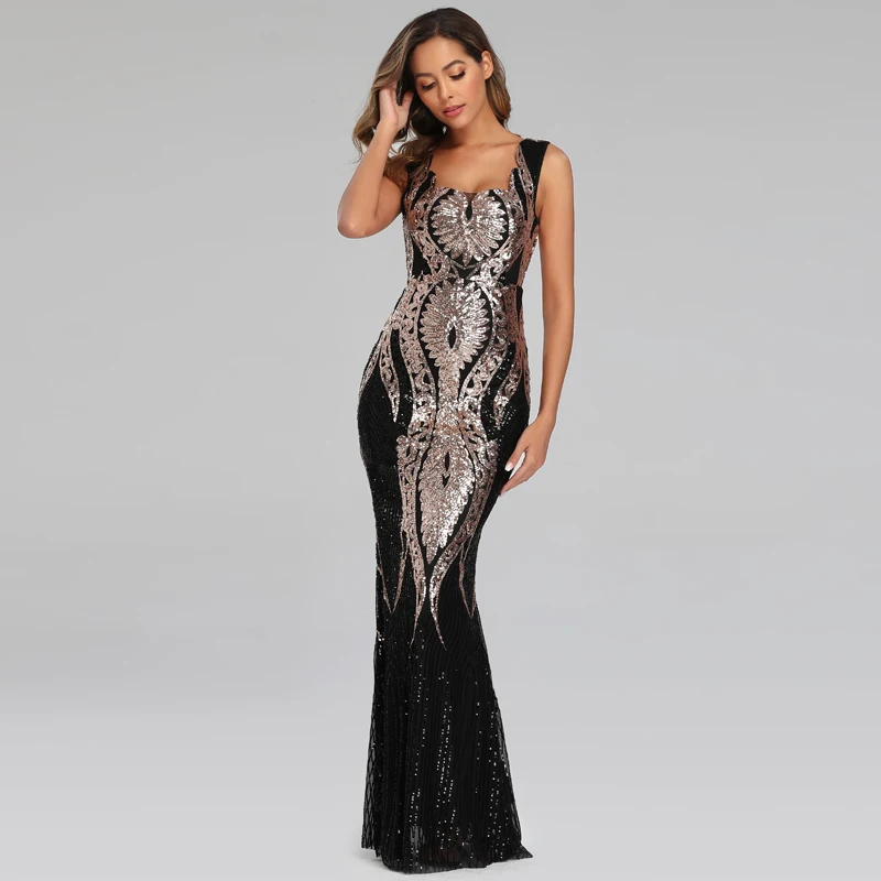 

YIDINGZS 2020 Double Shoulder Gold Sequins Evening Party Dress Sleeveless Formal Long Evening Dress